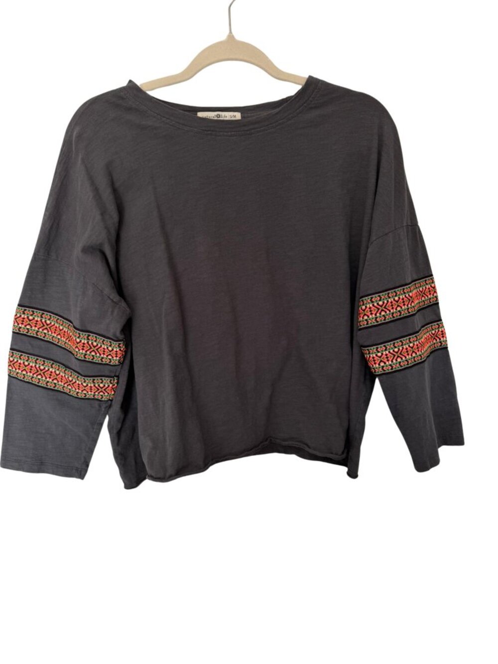 Natural Life Charcoal Embroidered Sleeve Boho Cotton Top S/M